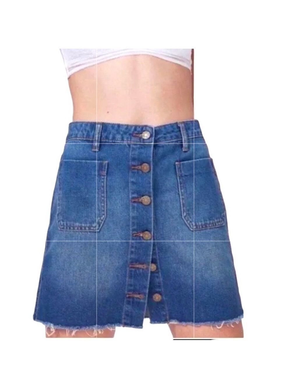 BDG Urban Out. Jeans Mini Skirt Sz S Button Front Blue Med Distressed Denim